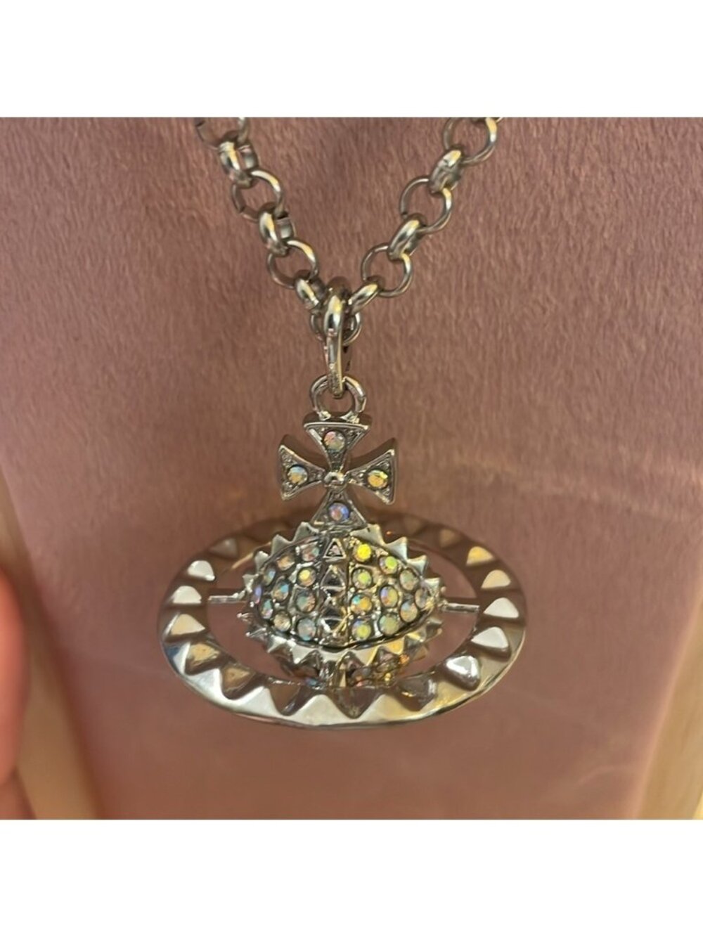 Vivienne Westwood Long Orb Necklace Silver Crystal Saturn Pendant Statement